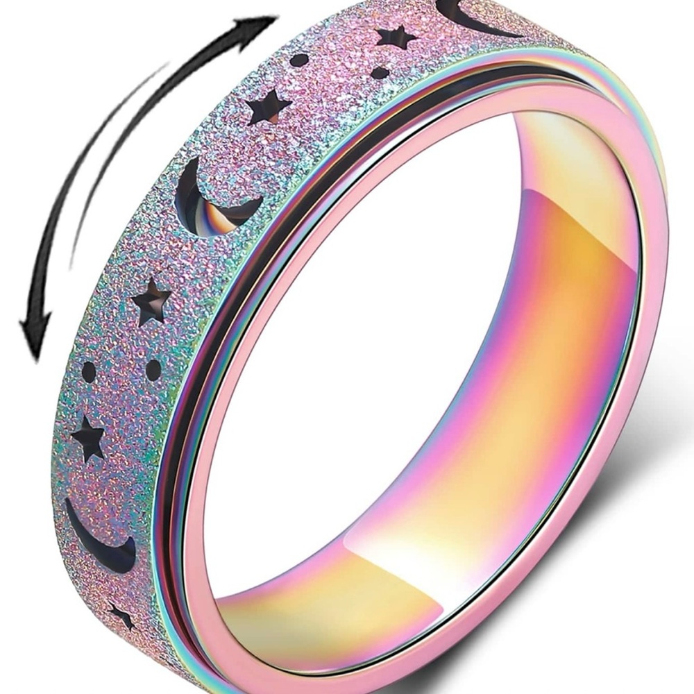 NWOT Unisex Iridescent Moon and Stars Spinner Ring